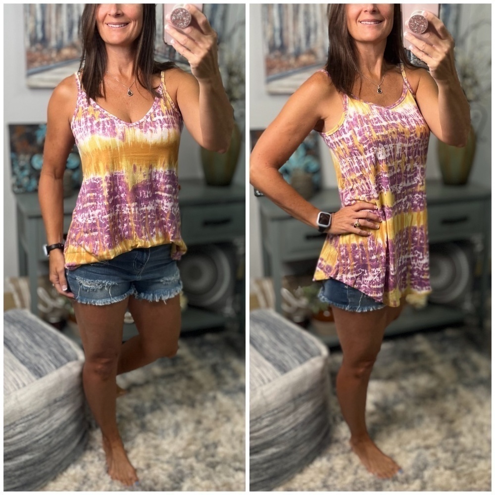 Reversible Tie Dye Scoop V-Neck Summer Spaghetti Strap Tank Purple Yellow 0323
